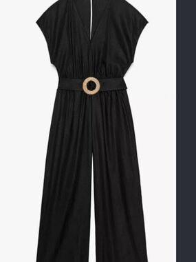 Zara Belted Black Linen V Neck Jumpsuit